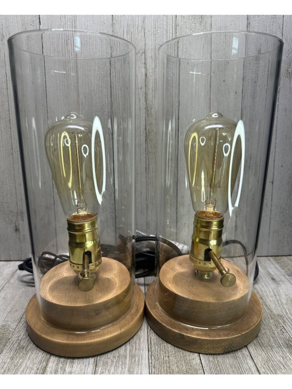 Vtg Style Industrial Table Desk Lamp Glass Shade & Faux Wood Base Set 2 Working